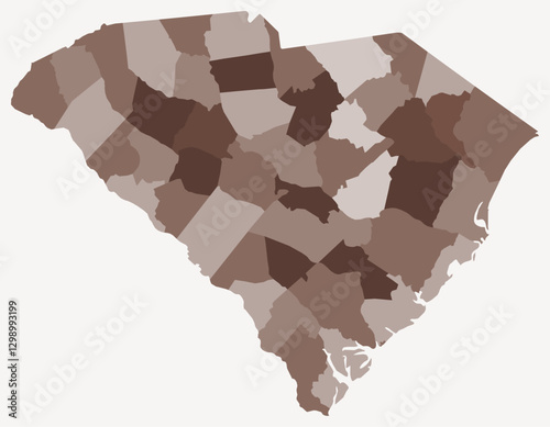 Map of South Carolina with counties. A simple state border map with county divisions. Brown color palette. Blank State of South Carolina shape with administrative division. Vector illustration.