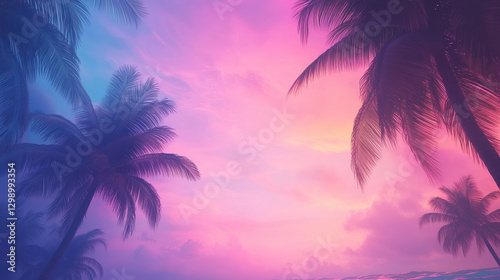 A serene tropical sunset with palm trees silhouetted against vibrant pink and blue skies, creating a tranquil and picturesque scene.