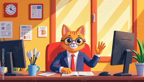 Enthusiastic cat journalist waving in busy newsroom, creative fun