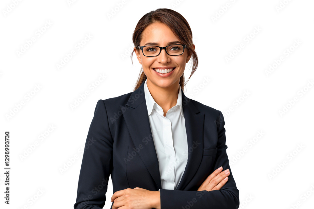 Portrait of a smiling businesswoman in suit with arms crossed, wearing glasses, isolated on transparent background Portrait of a smiling businesswoman in suit with arms crossed, wearing glasses, isolated on transparent background