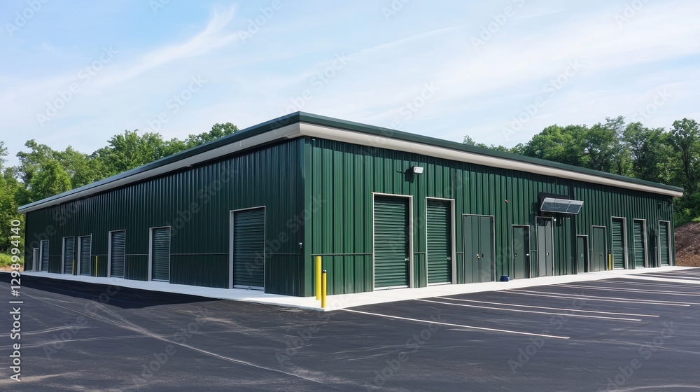 Modern Green Storage Facility with Roll-Up Doors Modern Green Storage Facility with Roll-Up Doors