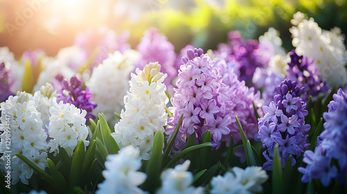 A garden filled with purple and white hyacinths in full bloom under soft sunlight.