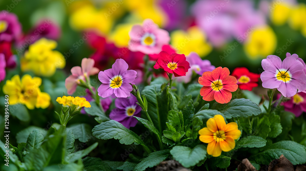 A garden patch bursting with primroses in a beautiful mix of colors, including red, yellow, and purple, perfect for spring. A garden patch bursting with primroses in a beautiful mix of colors, including red, yellow, and purple, perfect for spring.