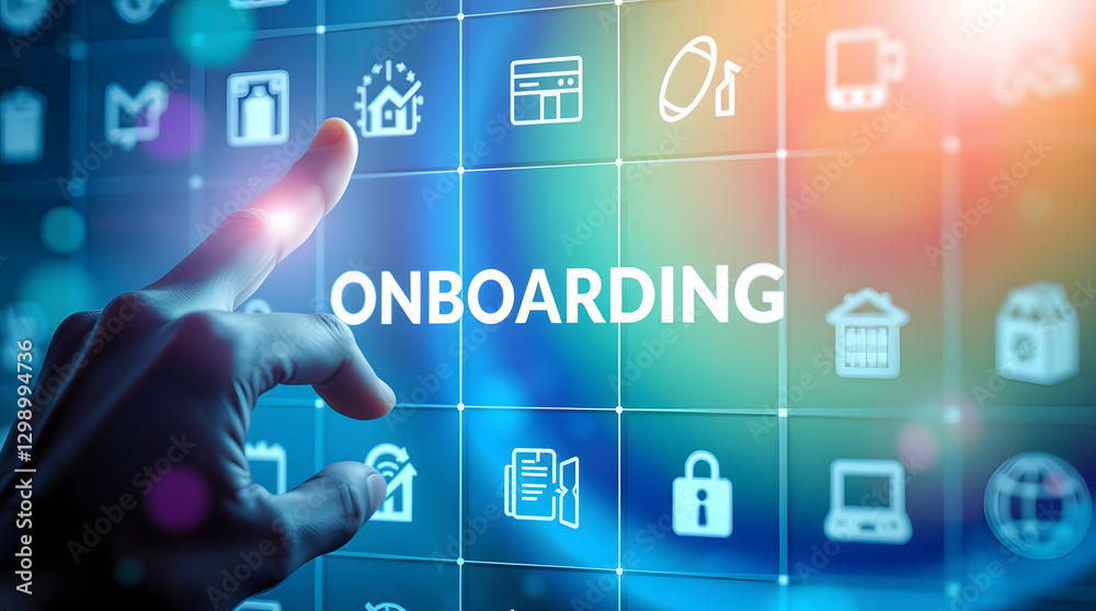 Obraz premium The image represents digital onboarding, featuring a hand interacting with futuristic UI elements related to business, HR, and communication.