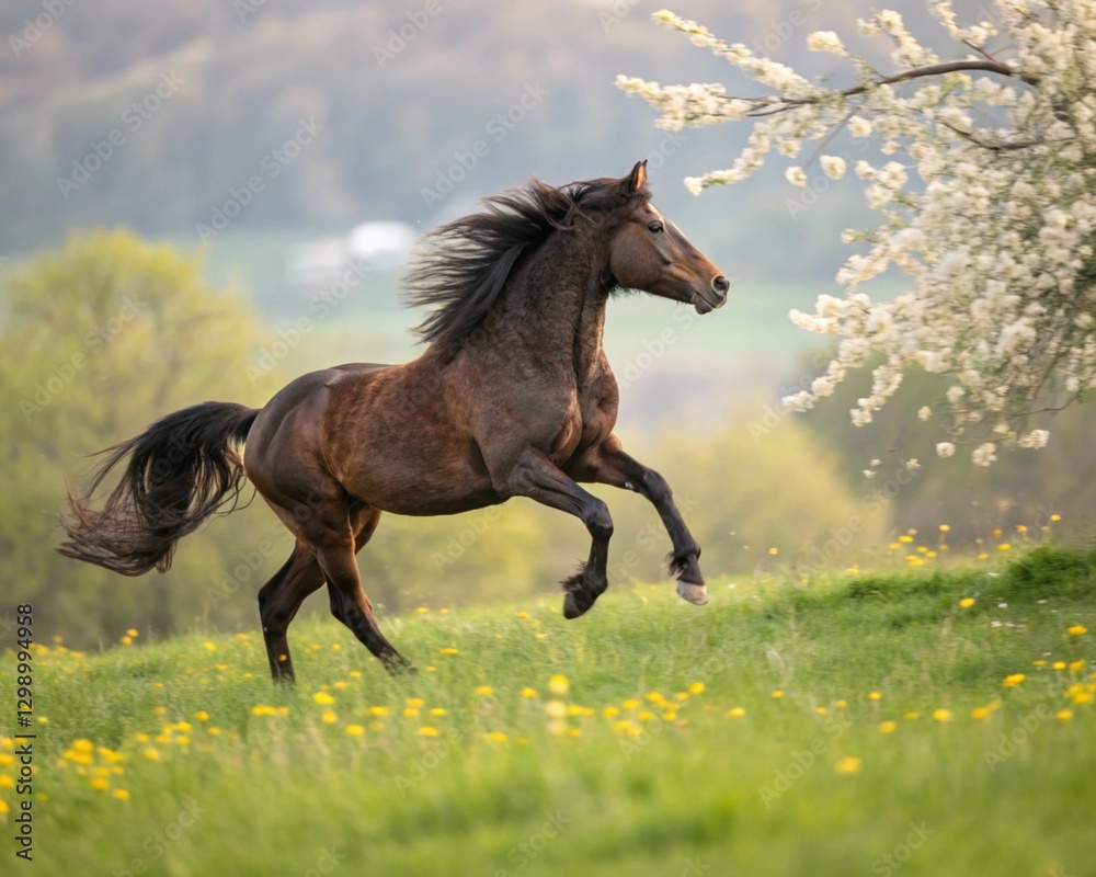 Fototapeta premium A majestic black stallion stands under blossoming trees, bathed in golden sunlight, symbolizing strength and elegance in late spring
