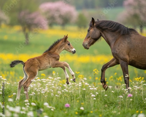 A playful foal jumps joyfully beside its mother in a blooming field, surrounded by vibrant flowers and fresh spring colors