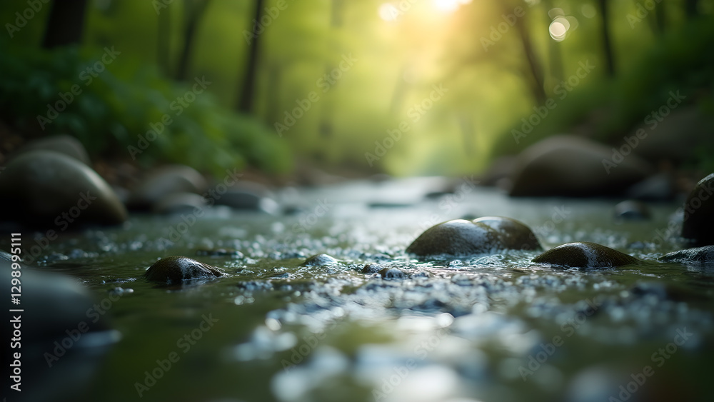 Fototapeta premium Sunlit Stream, Serene Forest Flowing River Scene