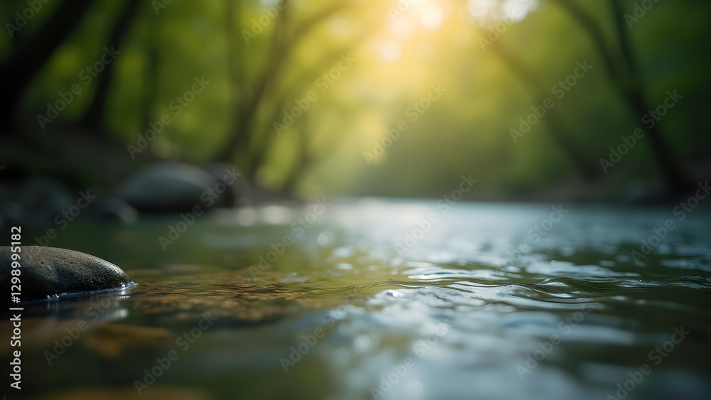 Fototapeta premium Serene Water Flowing Through Sunlit Forest