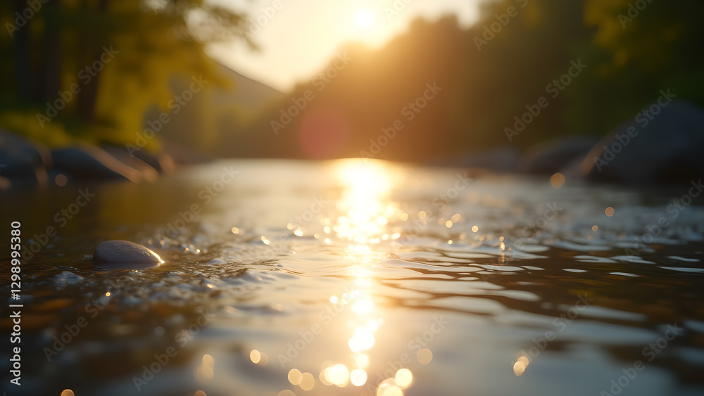 Fototapeta premium Sunlit River Serenity, Golden Waterscape View
