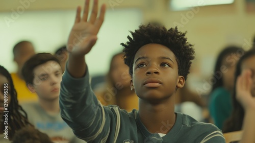 In a high school classroom, Gen Z students listen attentively. One student, a young black boy, raises his hand to ask his teacher a question during her lecture.  