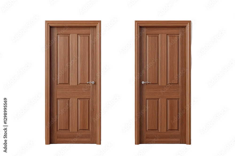 Two wooden doors with a silver handle and a silver bar. ,on transparent background. Two wooden doors with a silver handle and a silver bar. ,on transparent background.