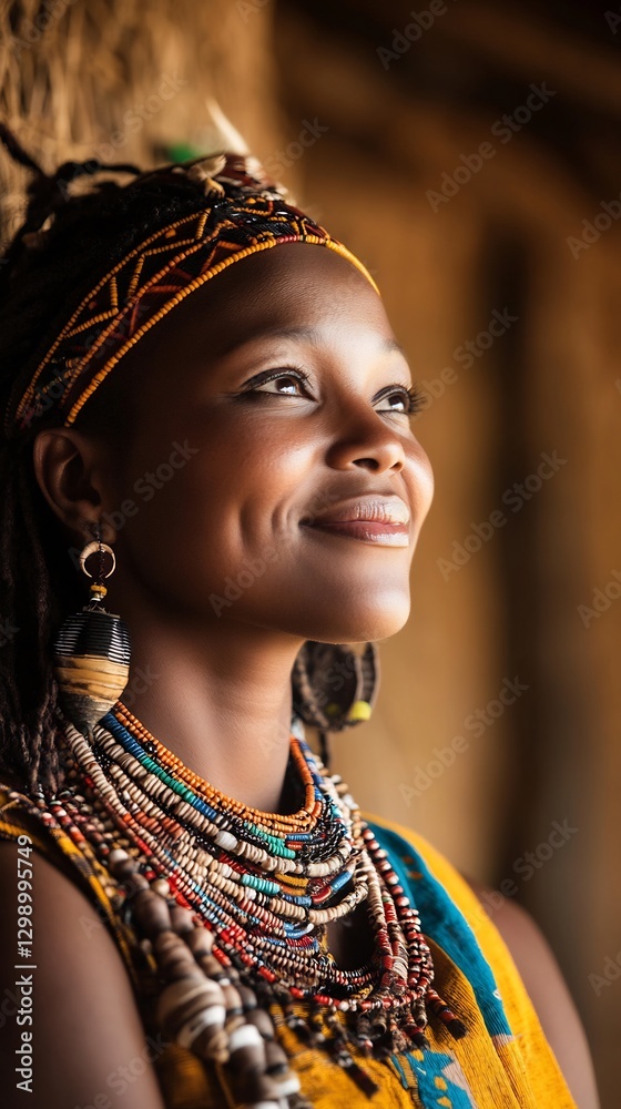 Obraz premium Tribal woman jewelry smiling earth-toned background