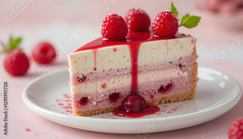 A delicate slice of raspberry and white chocolate mousse cake with a thin biscuit base, topped with fresh raspberries and a drizzle of berry coulis.