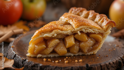 A comforting slice of homemade apple pie with a flaky golden crust and warm cinnamon-spiced apple filling.