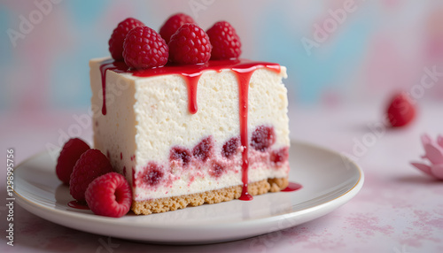 A delicate slice of raspberry and white chocolate mousse cake with a thin biscuit base, topped with fresh raspberries and a drizzle of berry coulis.