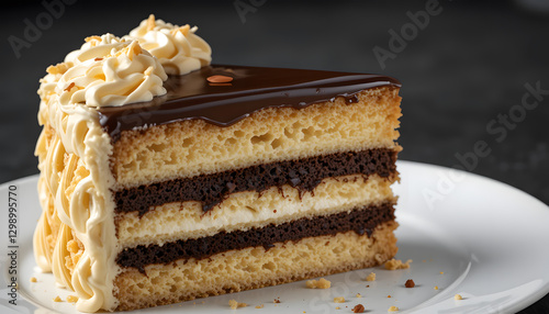 A luxurious slice of French opera cake with alternating layers of almond sponge, coffee buttercream, and glossy chocolate ganache.