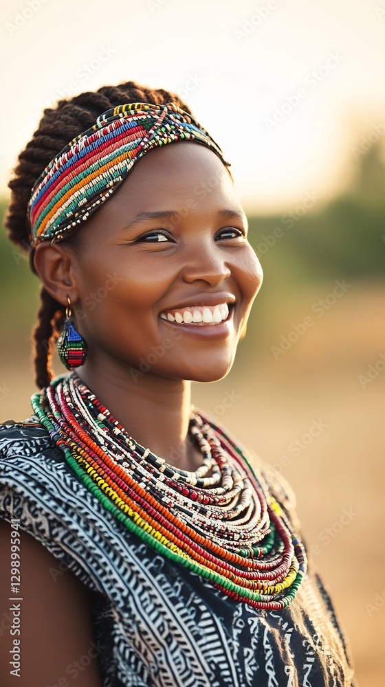 Fototapeta premium Tribal woman jewelry smiling earth-toned background
