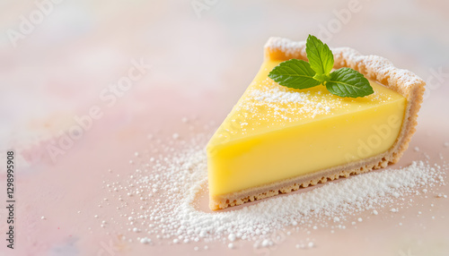 A refreshing lemon tart slice with a crisp, buttery crust and silky lemon curd filling, lightly dusted with powdered sugar.