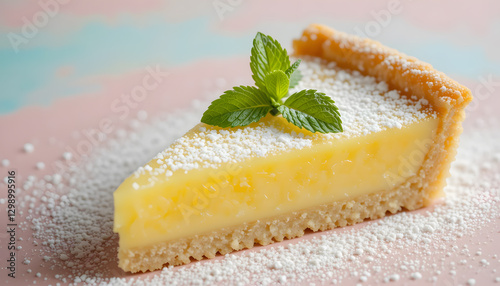 A refreshing lemon tart slice with a crisp, buttery crust and silky lemon curd filling, lightly dusted with powdered sugar.