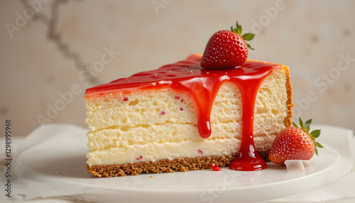 A thick, creamy slice of classic New York cheesecake with a golden graham cracker crust, topped with a vibrant strawberry glaze.