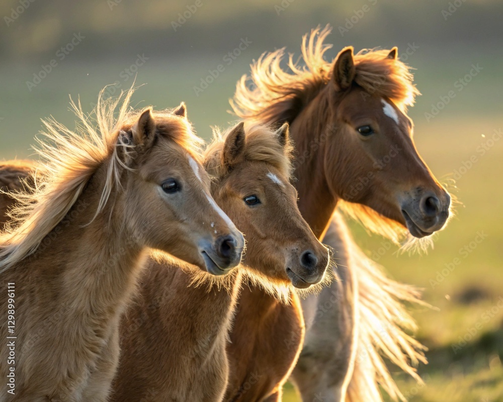 Obraz premium A close-up of several adorable horses standing together in a peaceful meadow. Their soft, flowing manes gently sway in the breeze.