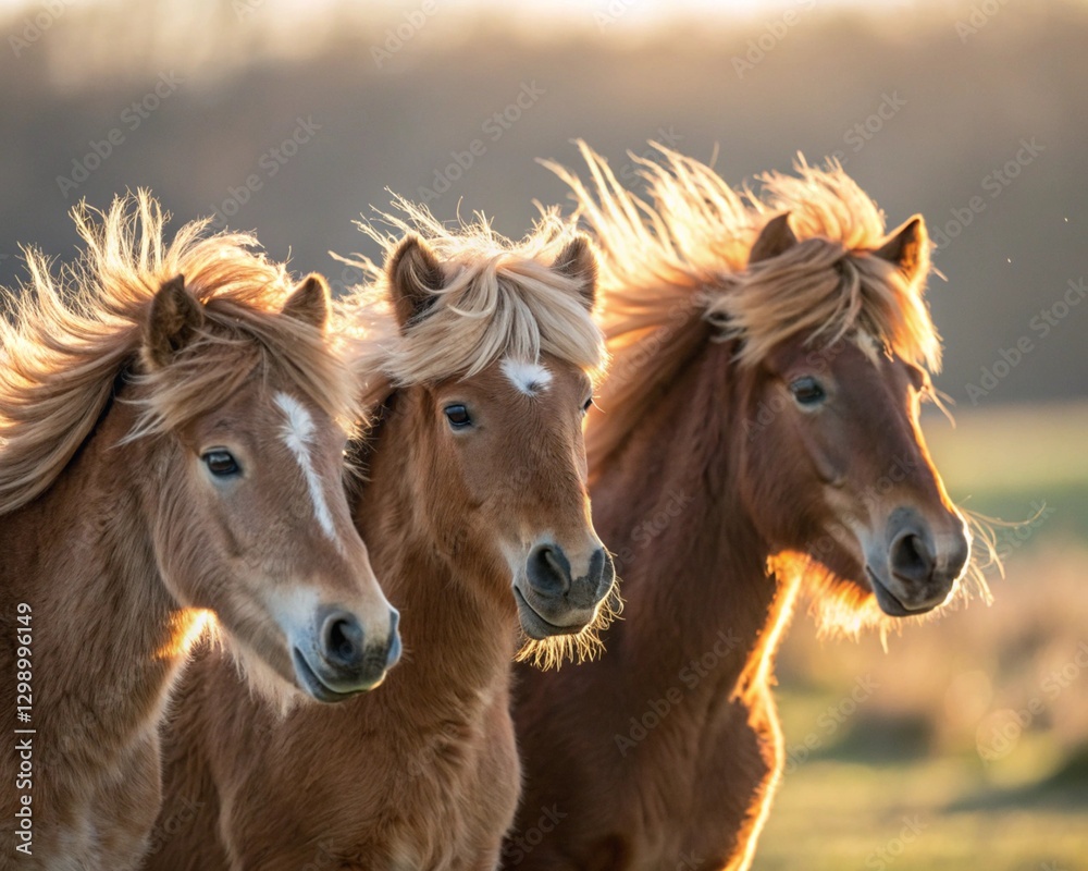 Obraz premium A close-up of several adorable horses standing together in a peaceful meadow. Their soft, flowing manes gently sway in the breeze.