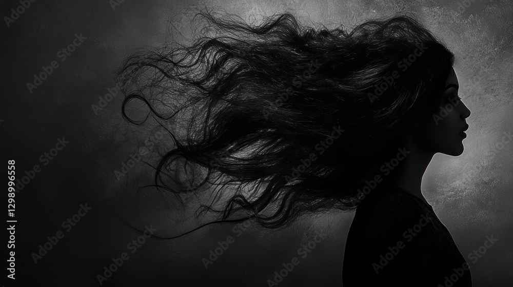 Naklejka premium Dramatic woman silhouette, flowing hair, textured background, artistic portrait
