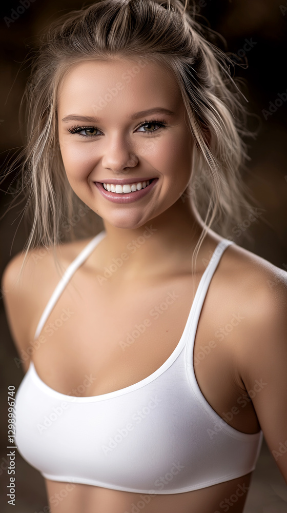Obraz premium Woman with blonde hair and a white tank top is smiling. The image has a happy and positive mood