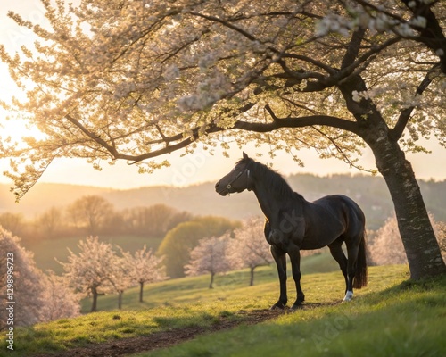 Black horse with white flowering fruit