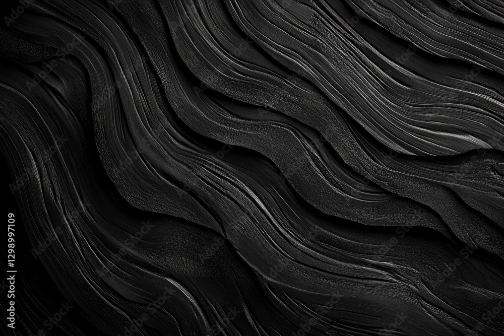Obraz premium Black wood background with wavy patterns, natural texture for design and print on fabric or wallpaper. Abstract dark gray wood grain surface with organic lines of wood pattern. Stock photo,