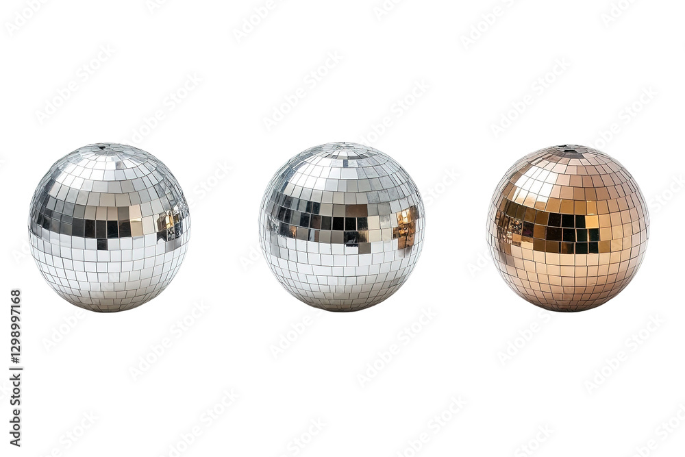 A row of five different colored disco balls. ,on transparent background. A row of five different colored disco balls. ,on transparent background.