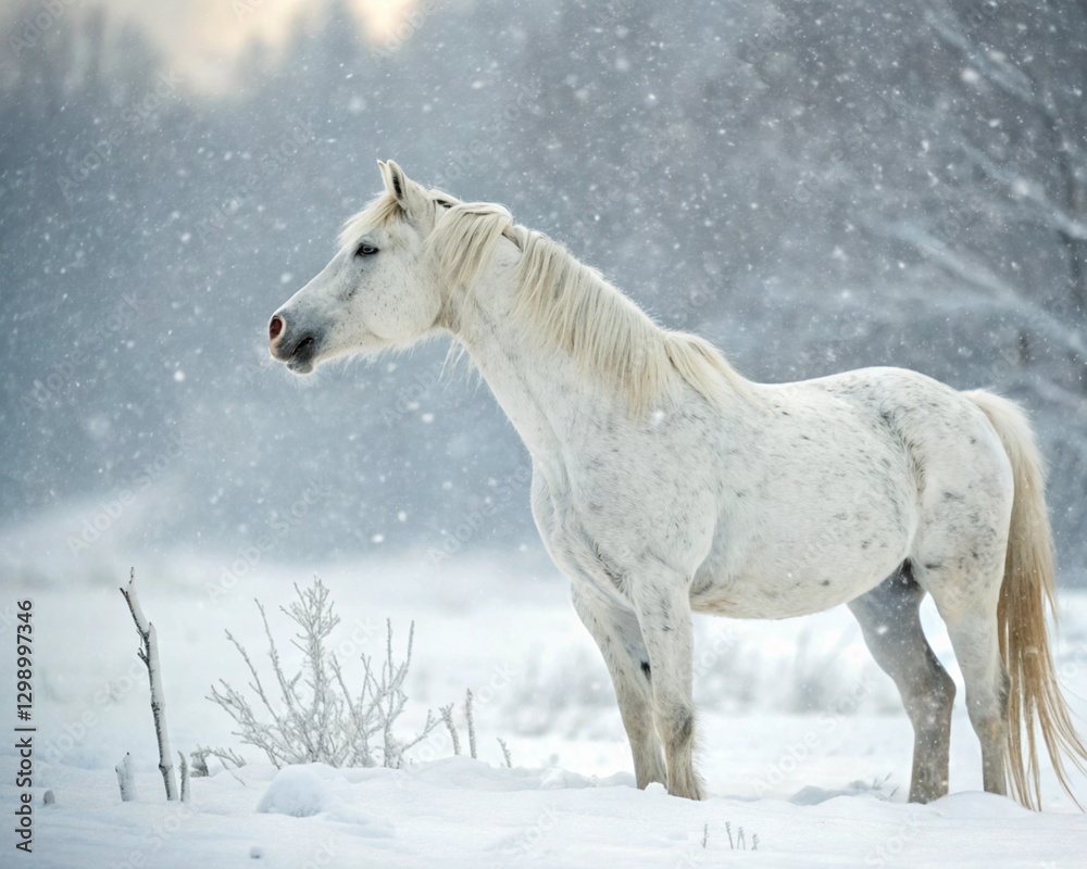 White stallion galloping. A magnificent horse stands proudly in a snowy landscape. White stallion galloping. A magnificent horse stands proudly in a snowy landscape.