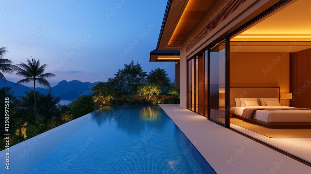 Obraz premium A modern luxury home with glass doors, overlooking a serene pool and tropical landscape during nighttime.