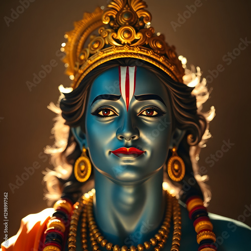 A digital art of Lord Ram, the seventh avatar of Vishnu, is a symbol of dharma, virtue, and righteousness. He is depicted with a bow, wearing a yellow dhoti and a crown, embodying divine grace