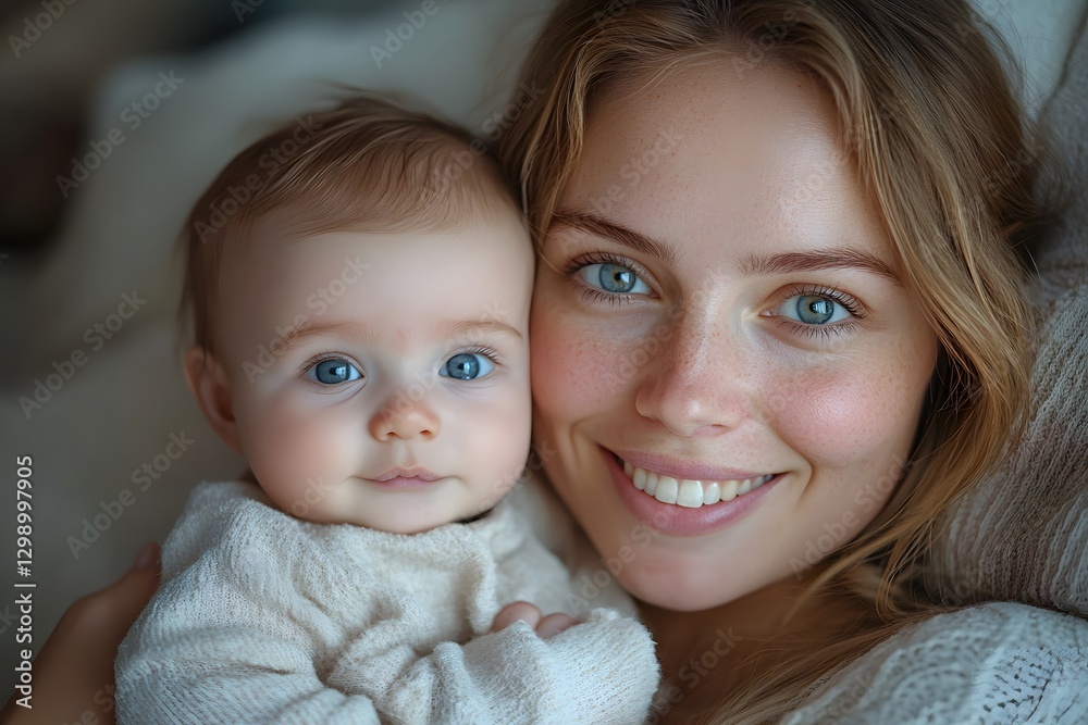 Warm and tender portrait of a smiling mother holding her baby in a cozy knitted sweater, symbolizing love and family bonding. Ideal for parenting blogs, lifestyle magazines, and family-themed campaign Warm and tender portrait of a smiling mother holding her baby in a cozy knitted sweater, symbolizing love and family bonding. Ideal for parenting blogs, lifestyle magazines, and family-themed campaign