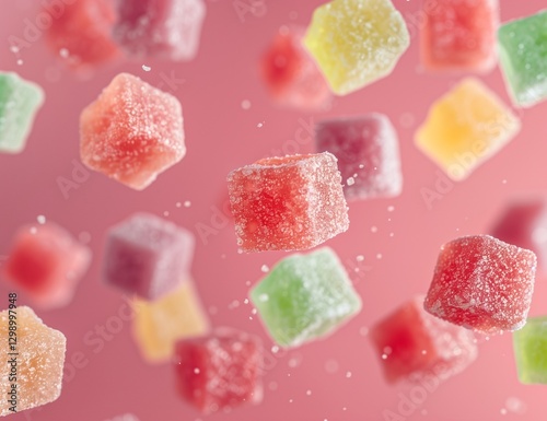 A dynamic shot of colorful gummy cubes floating in the air, with a soft pink background that adds depth and vibrancy to each candy piece. photo