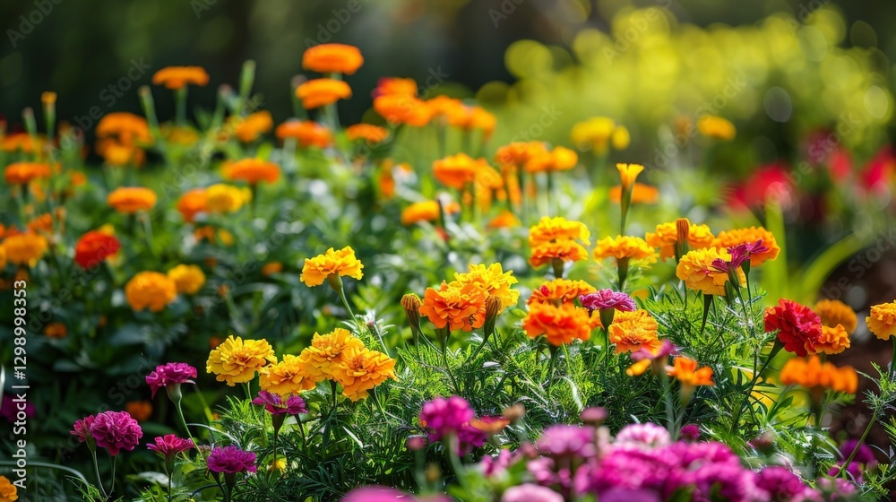 A bed of colorful marigolds in a sunny garden with A bed of colorful marigolds in a sunny garden with