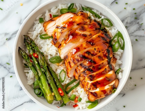 A bowl of rice with sliced grilled chicken and asparagus, drizzled in teriyaki sauce on top.