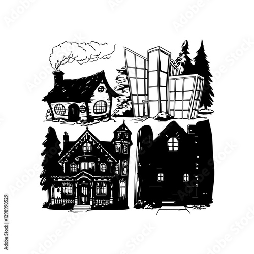 Vintage castle on the hill in the woods at night with a village and tower design