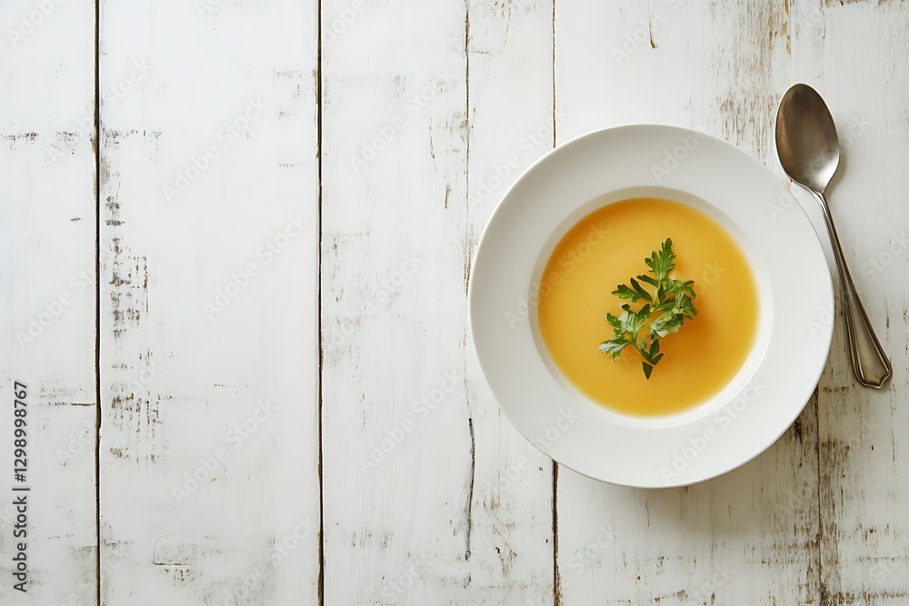 Creamy Yellow Soup on a Rustic White Wooden Table Creamy Yellow Soup on a Rustic White Wooden Table