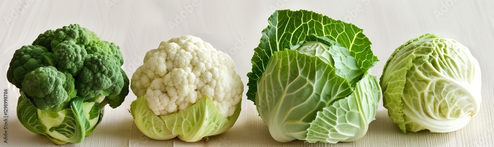 A row of four cabbage sprouts arranged on a light background. A row of four cabbage sprouts arranged on a light background.