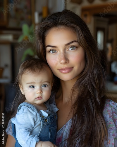 Warm and tender portrait of a smiling mother holding her baby in a cozy knitted sweater, symbolizing love and family bonding. Ideal for parenting blogs, lifestyle magazines, and family-themed campaign