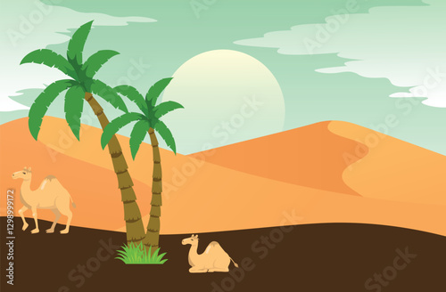 Sand dunes, camel and plam arabia vector illustration