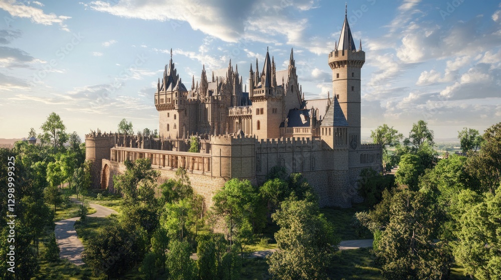 Obraz premium Majestic castle amidst lush greenery under a cloudy sky scenery