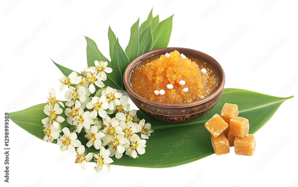 Fototapeta premium A Traditional Ugadi Greeting Design Embellished with Neem Flowers and Festive Patterns Isolated on transparent background.