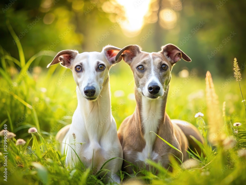 Whippet Couple Grass Portrait Photography - Romantic Dog Photoshoot Whippet Couple Grass Portrait Photography - Romantic Dog Photoshoot