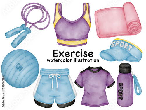 Watercolor Exercise Equipment and Sportswear Illustration Set - Hand-Painted, Realistic, Colorful - Jump Rope, Yoga Mat, Gym Ball, Sportswear, Water Bottle, Fitness Gear, Vector Illustration