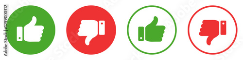 Thumbs up and down hand icons set. Like and dislike vector icon set in red and green circle. Like and dislike icons buttons. Flat design. Vector illustration.