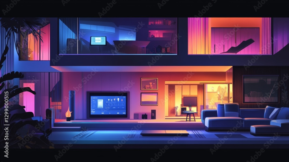 Fototapeta premium Smart home control means using technology to manage your home. It includes systems like lighting, heating, and security. This infographic shows how a smart home works 
