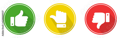 Rating thumb icon set in green, yellow and red color with shadow. Thumb up, middle, and down sign symbol. Like, neutral, and dislike hand icon on circle outline. Vector illustration.